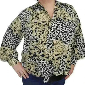 Helen Fabrikant New York Vintage Floral Leopard Print Long Sleeve Blouse